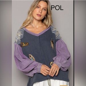 NEW!!! POL Embroidered Purple and Blue Blouse with Sequins, Sz Large